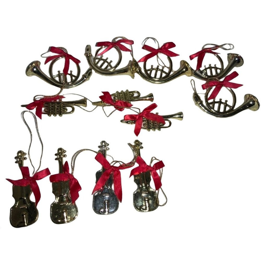 12 Musical Instrument Shaped  Ornaments - Gold tone Plastic- Red Bows